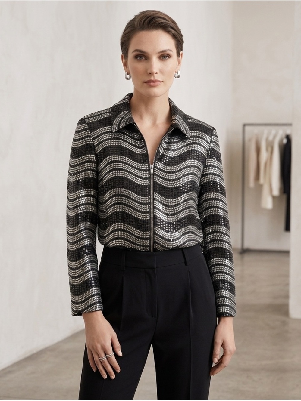 Exclusively Misook Black & Silver Wave Sequin Zip-Front Jacket 2X